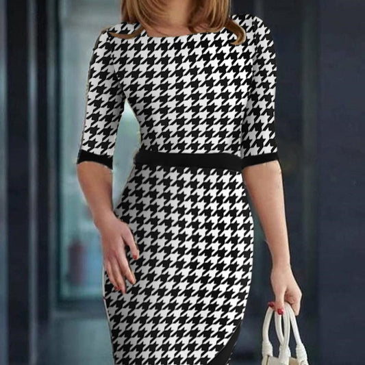 Women's Houndstooth Printing Color Contrast Dress